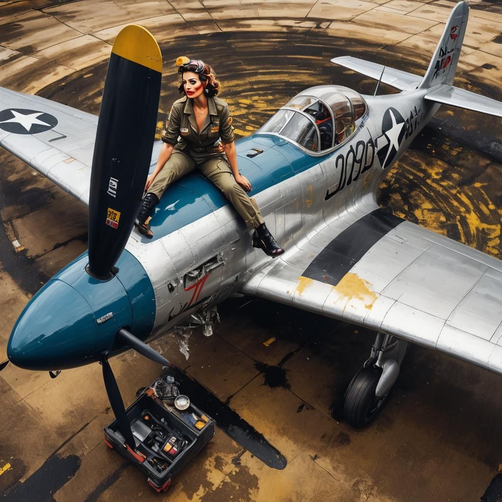 Pin-Up Mechanic on Aircraft with Graffiti Art
