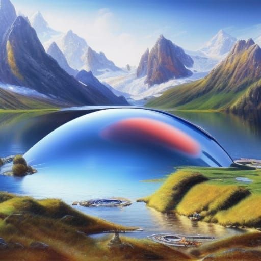Liquid Metal Spaceship Over Alpine Lake: Concept Art