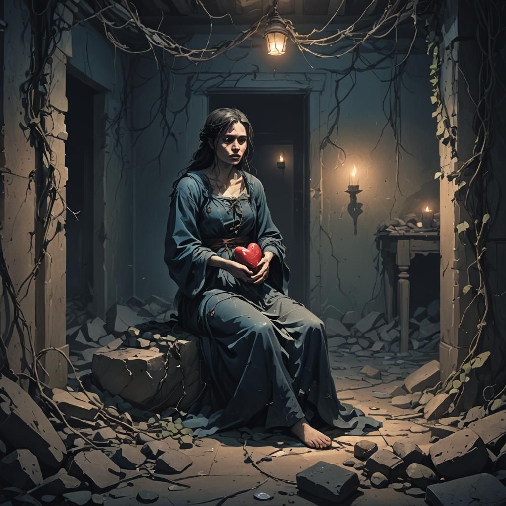Eerie Abandoned Room: Woman with Heart in Desaturated Light