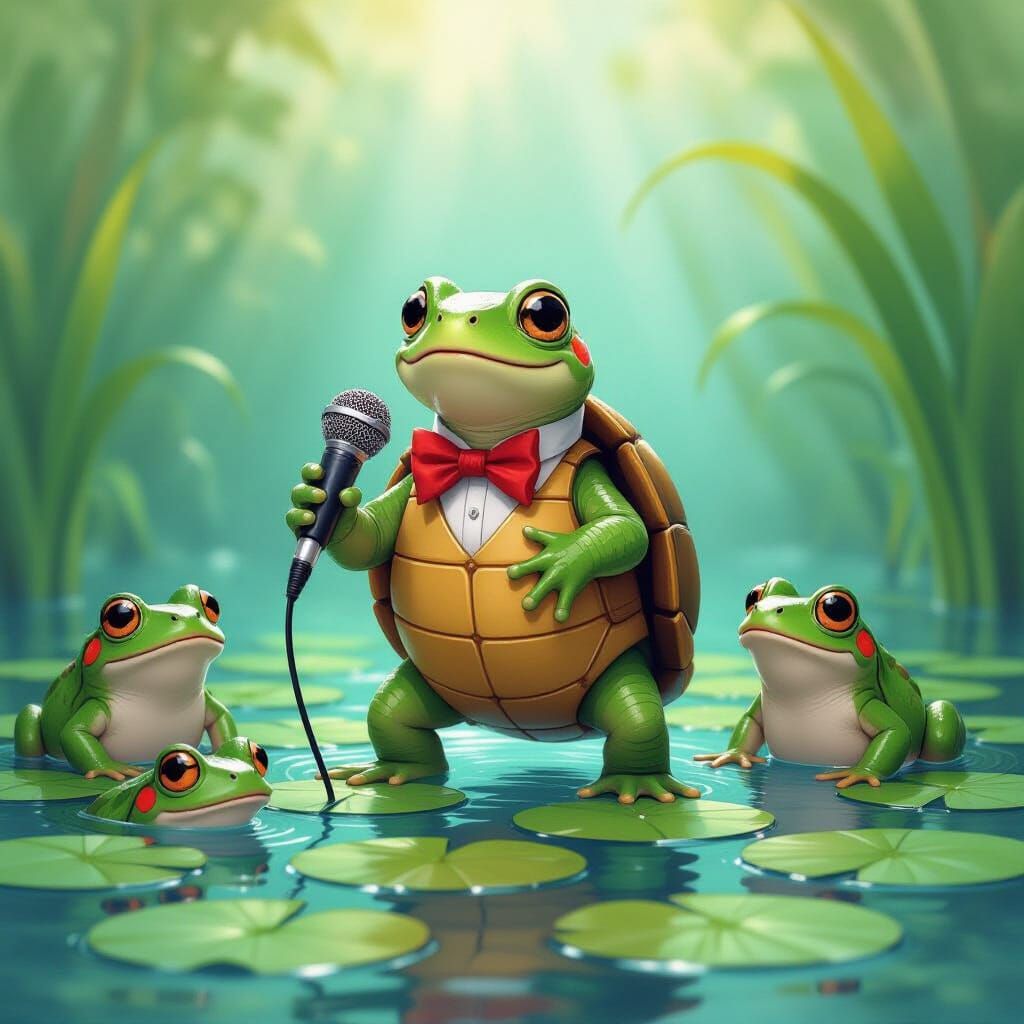 Singing Turtle and Frog Chorus in Watercolour Style