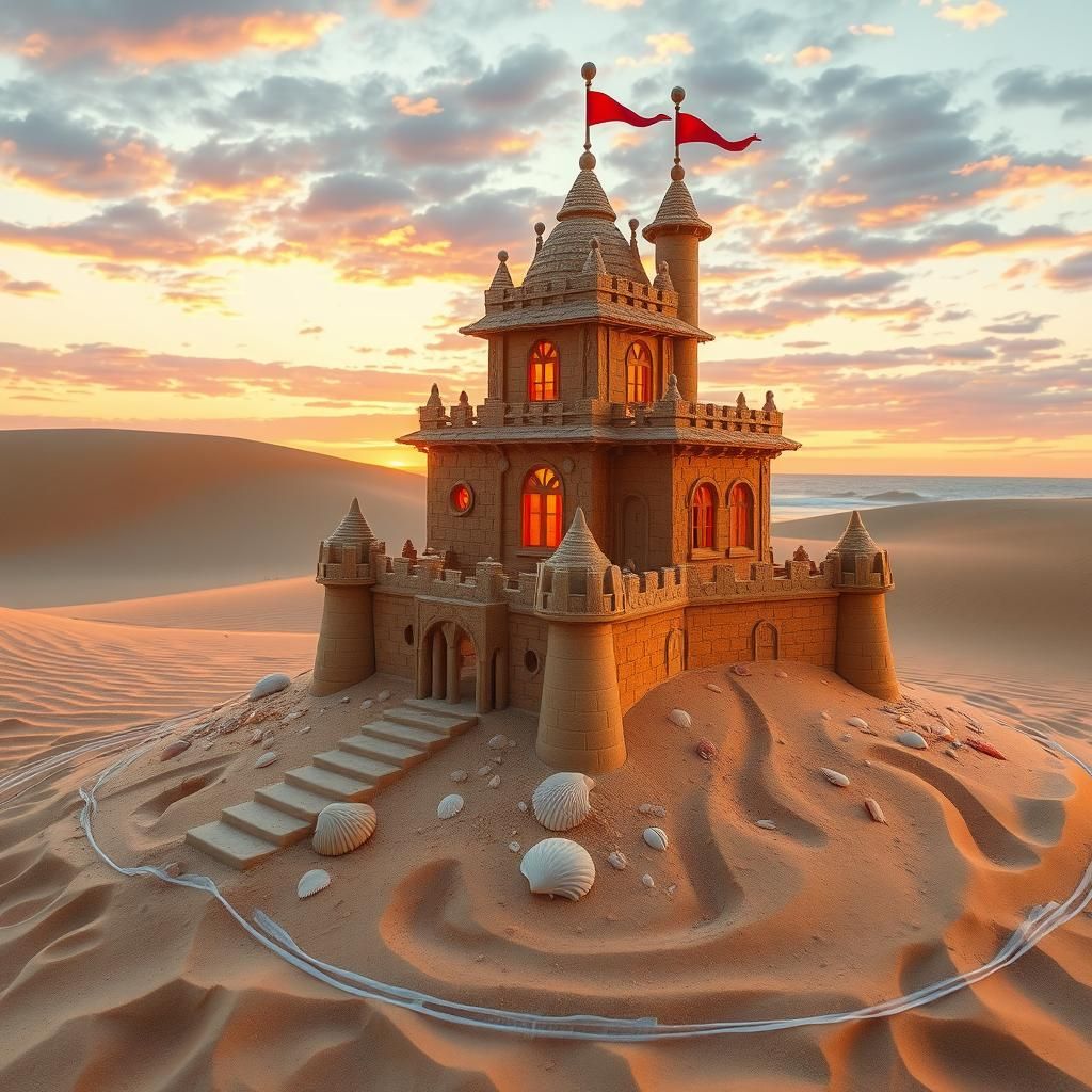 Majestic Sandcastle with Seashells and Flags