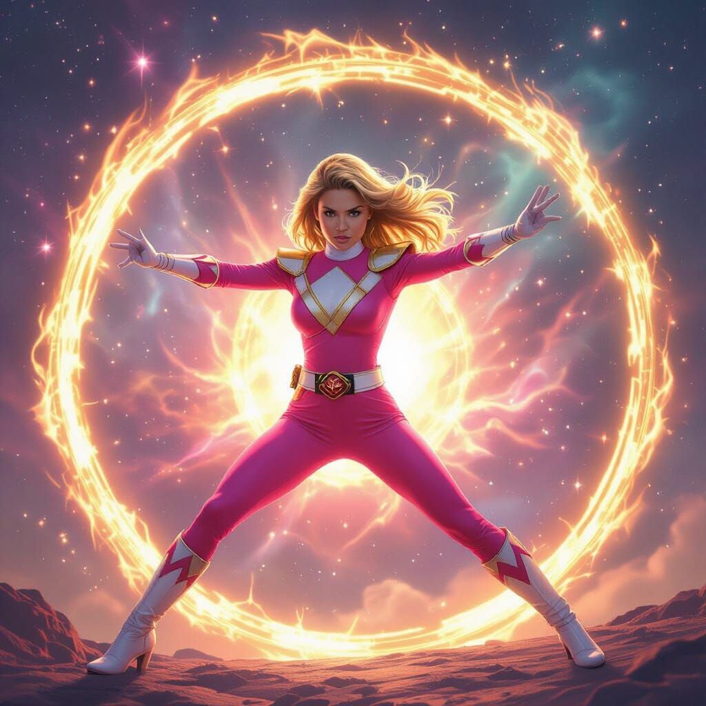 Pink Ranger in Golden Energy Field Cosmic Art
