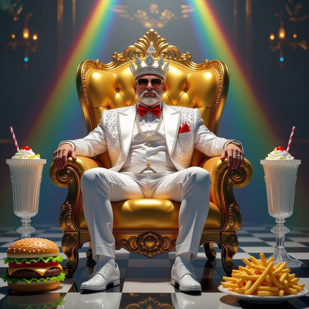 Fast Food Billionaire on Hamburger Throne in Cyber-Baroque S...