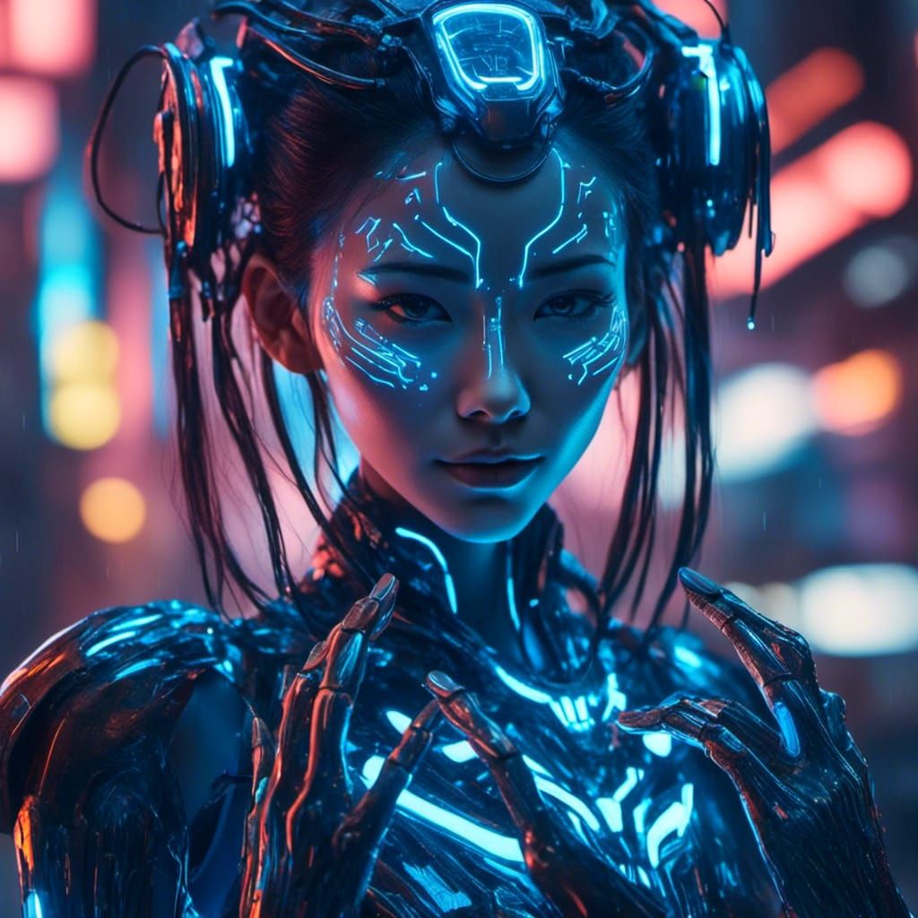 Japanese Robotic Woman in Cyberpunk Style