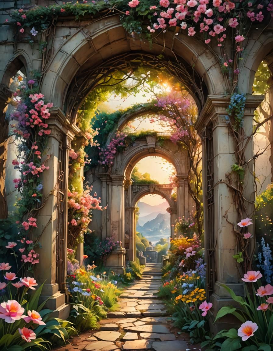 Beautiful Spring Archway in Digital Watercolor