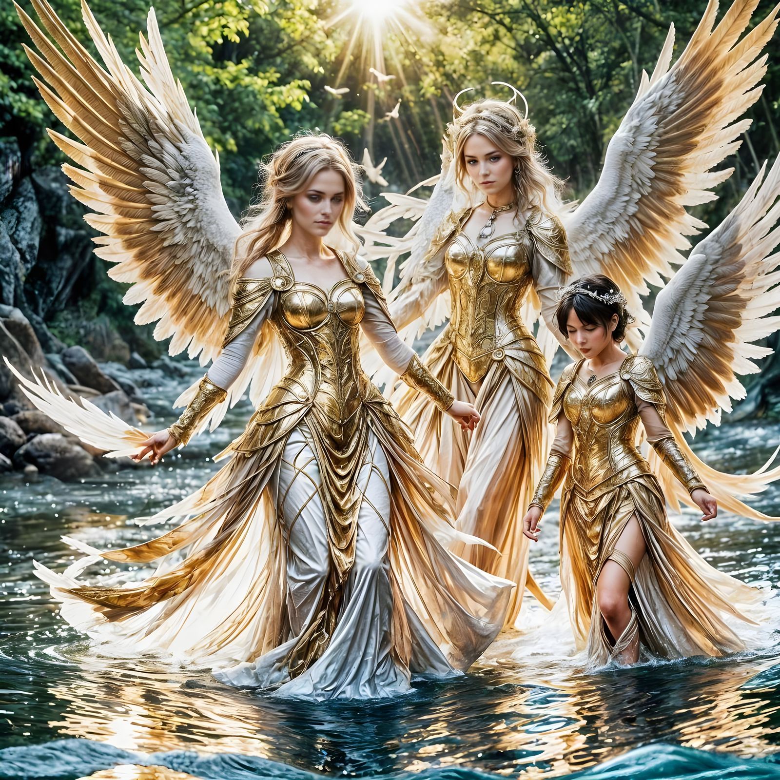 Angels Above a River of Light in 3D Anime Art