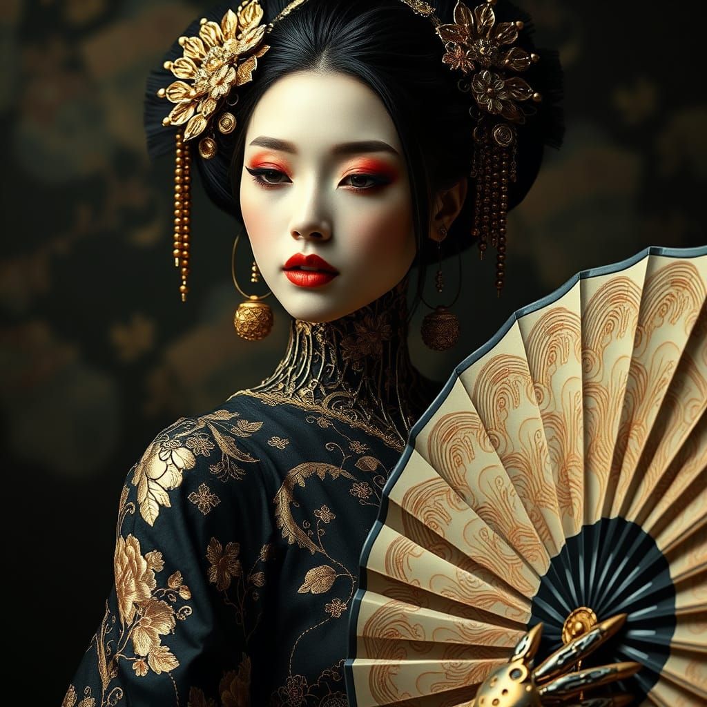 Elegant Cyborg Geisha with Floral Etchings