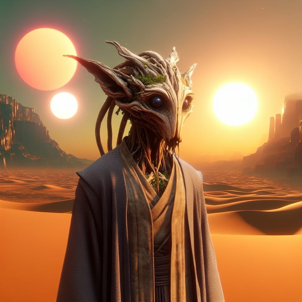 A character fusion Yoda and Groot on Tatooine