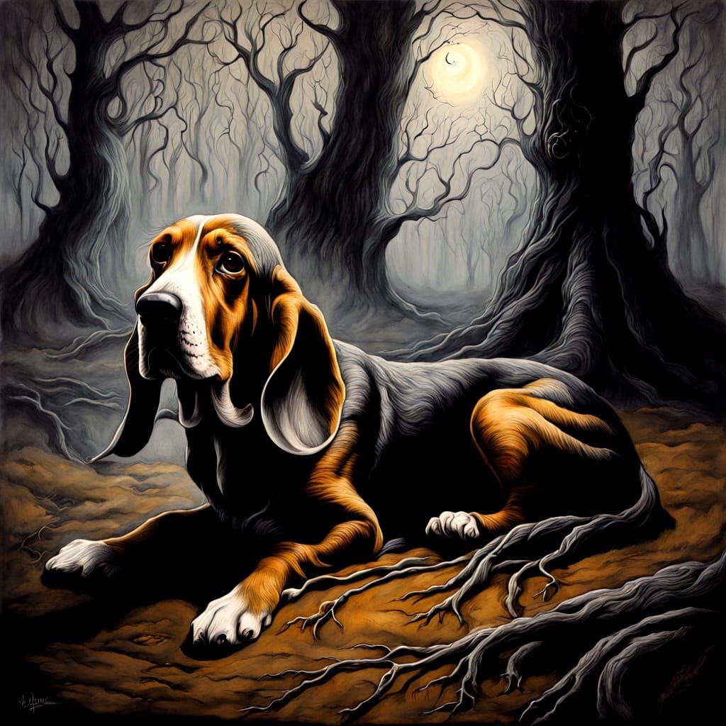 Monochromatic Brown Basset Hound in Misty Forest