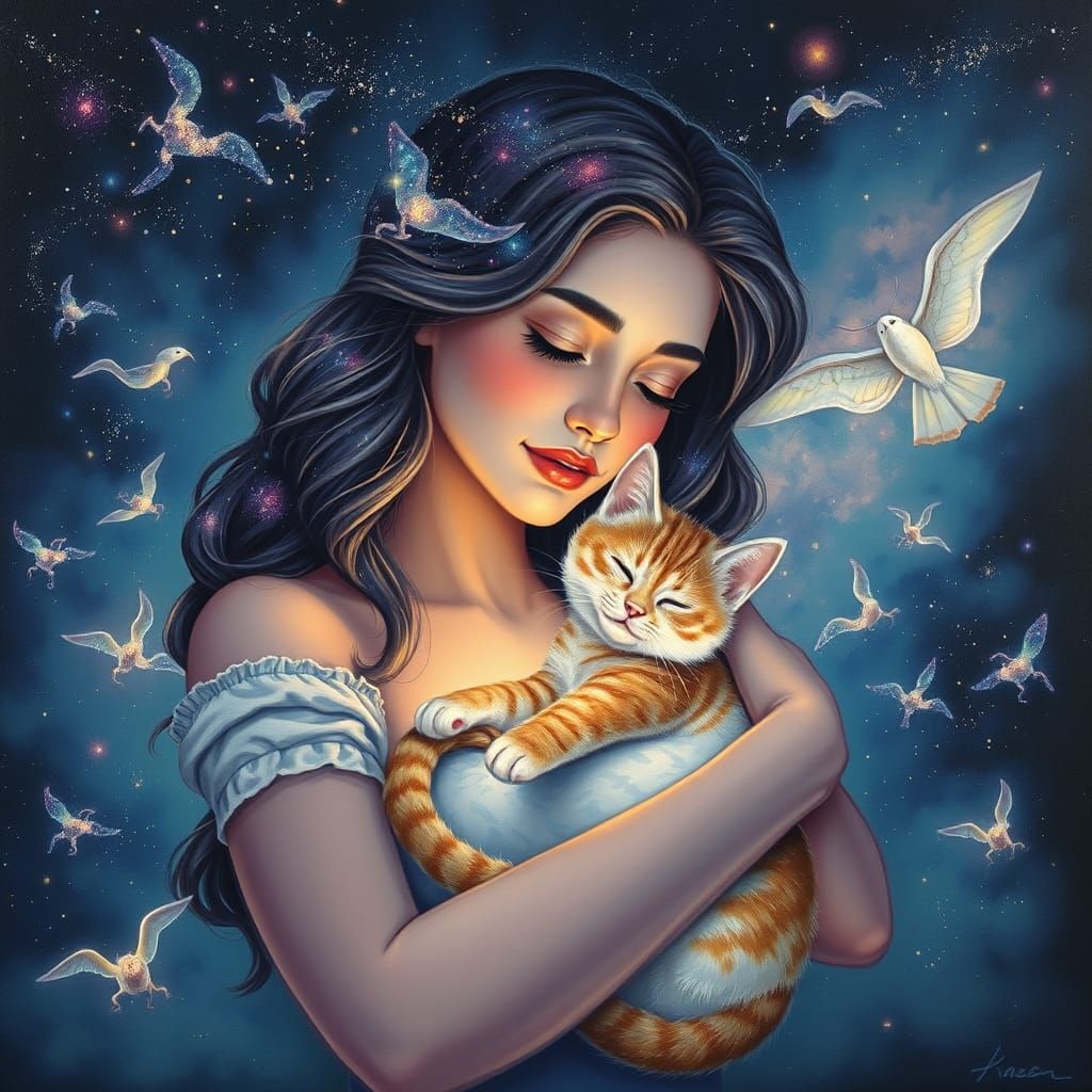 Dreamy Astral Goddess with Galaxies Hair and Luminous Cat