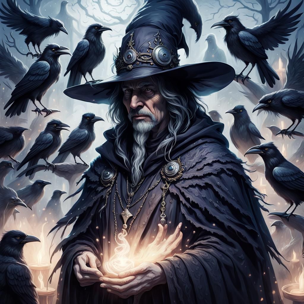 Majestic Raven Wizard in Ethereal Fantasy Setting