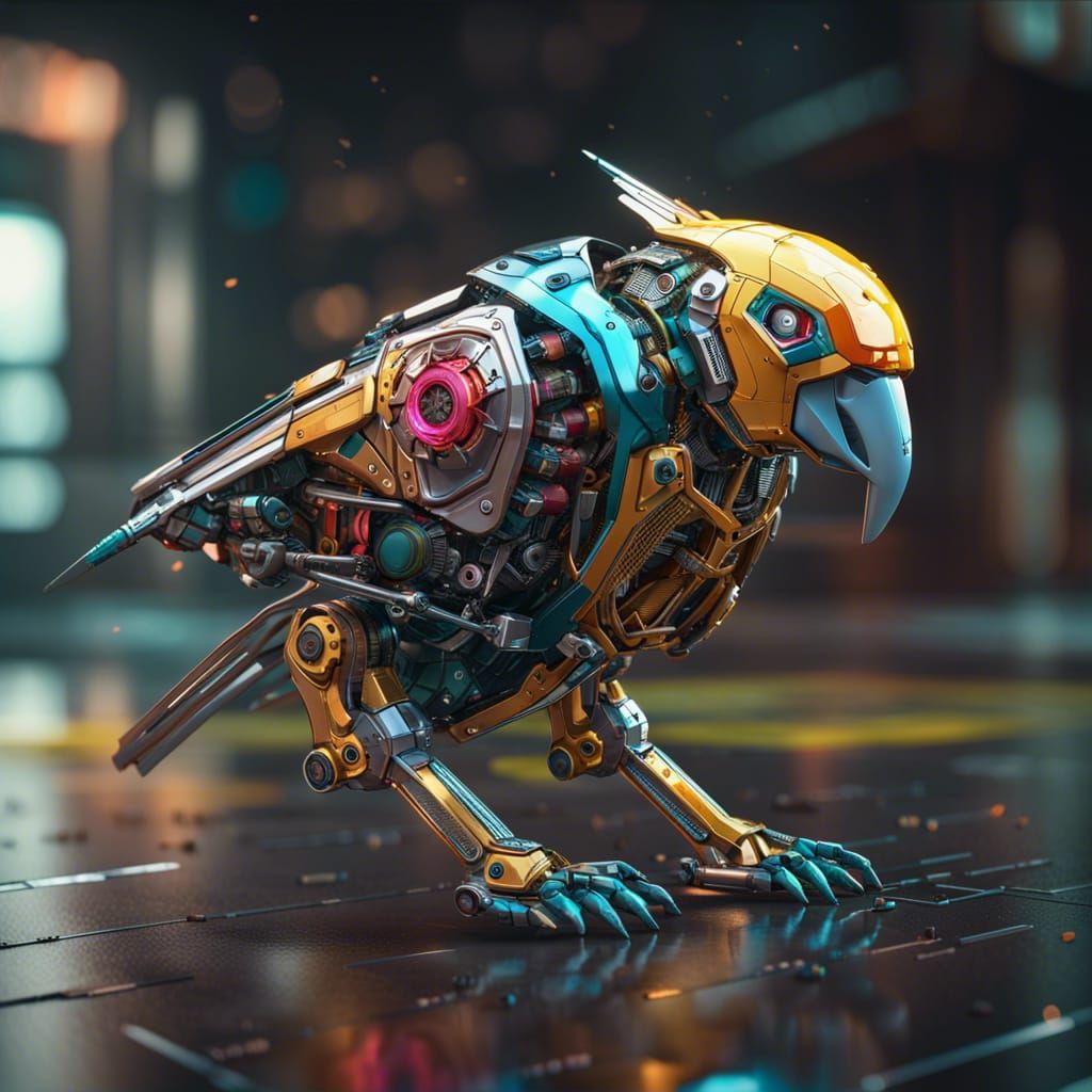 Colorful Cybernetic Robot Parrot in Sci-Fi Style