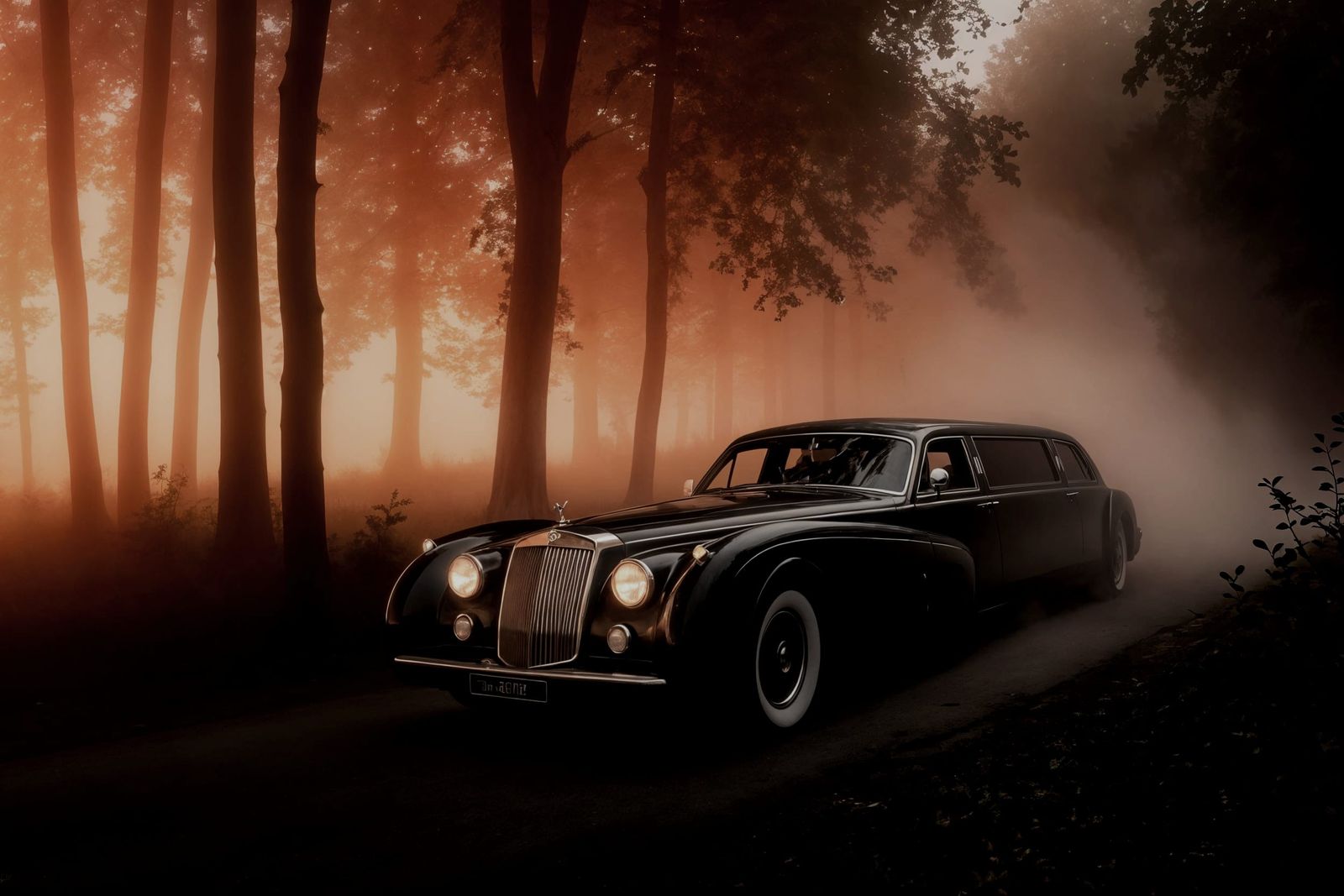 Retro-Futuristic Limousine Glides Through Golden Hour Fog