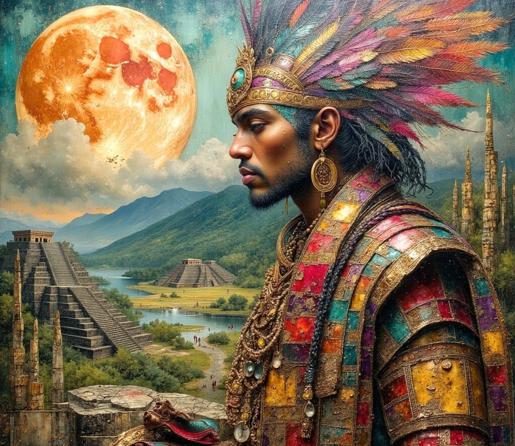 Mayan Warrior in Surreal Oil Painting Landscape