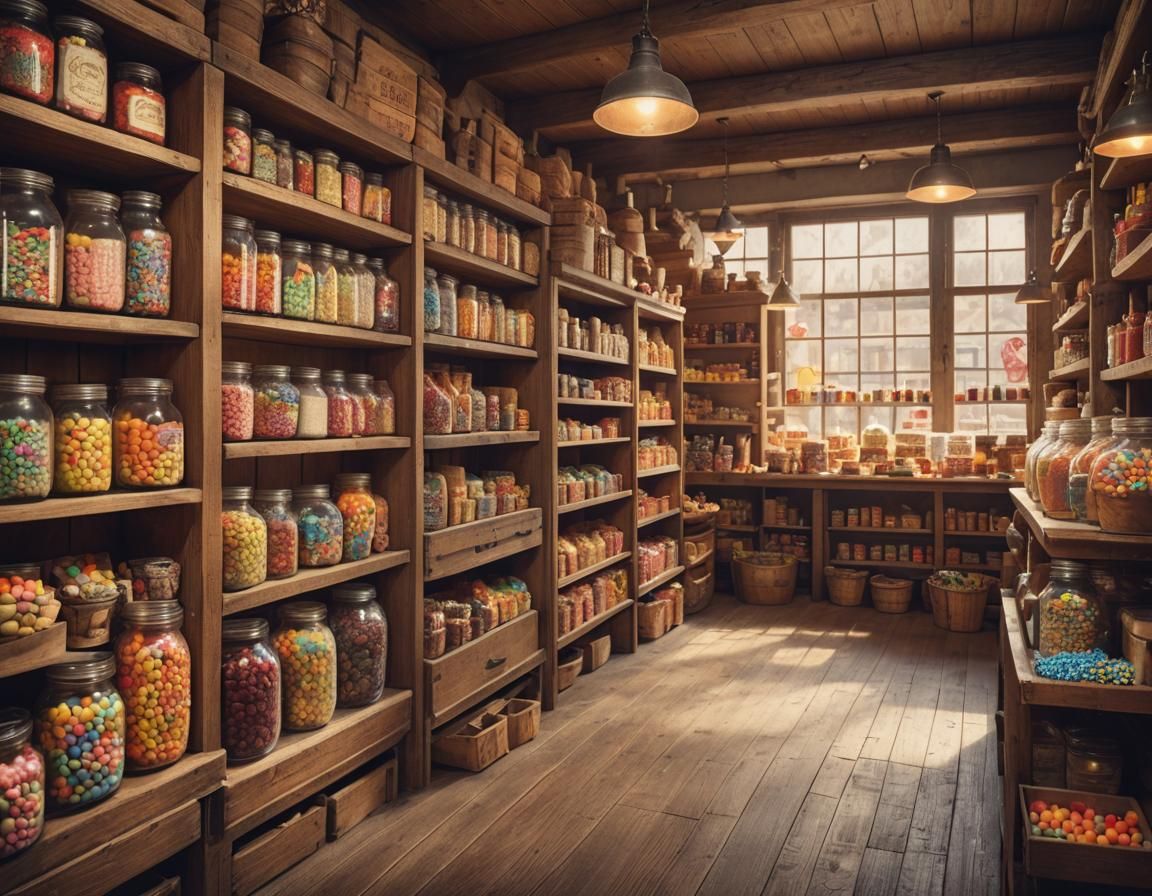 Rustic Candy Shop Interior with Vintage Jars