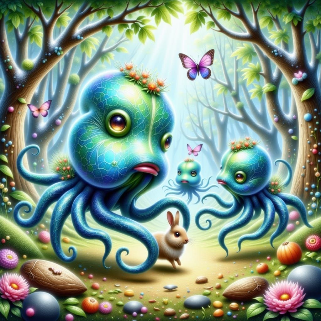 Whimsical Forest Scene with Spider-Octopi and Local Wildlife