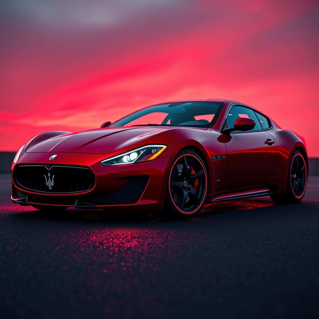 Red Maserati Alfieri in Neon-Lit Cinematic Style