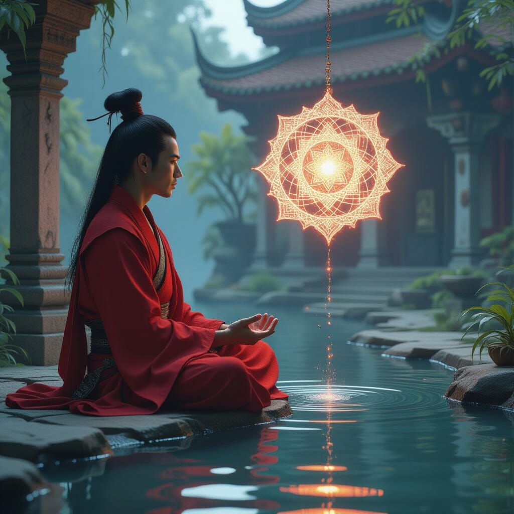Thai Man Meditating Before Arcane Artifact