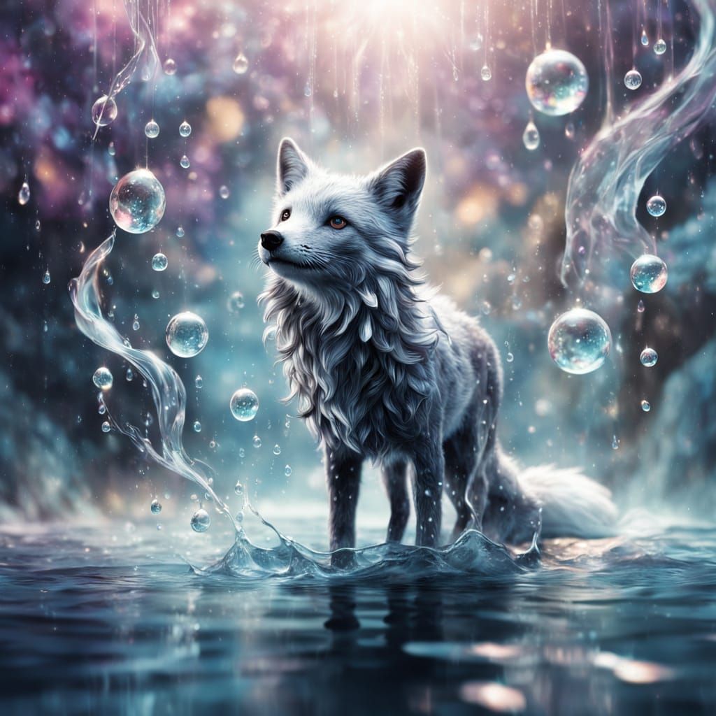 Ethereal Silver Fox in Shimmering Water Aesthetic