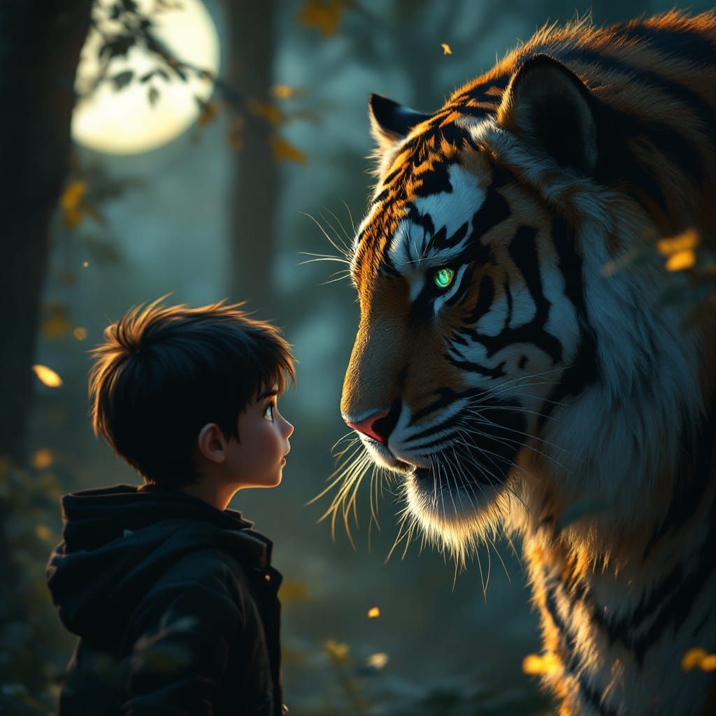 Boy and Tiger Stare in Misty Anime Forest