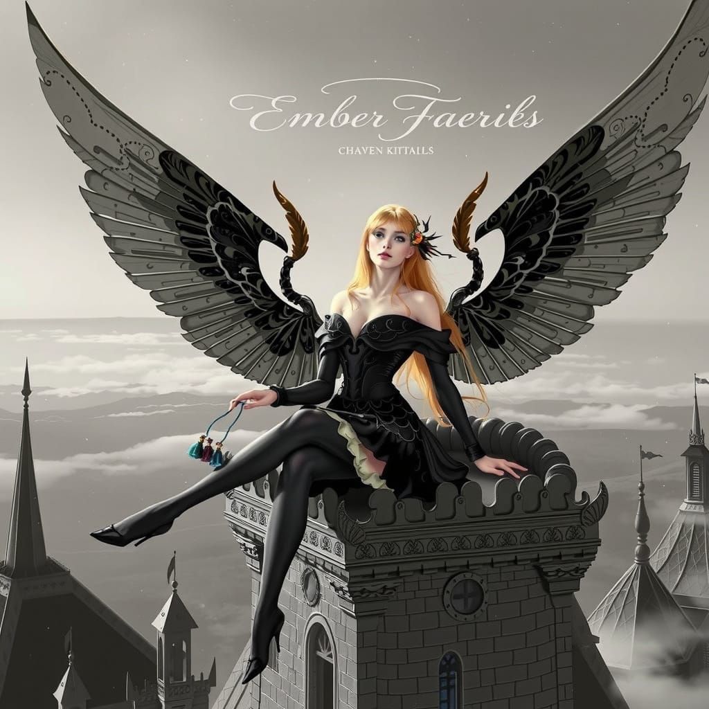 A golden-haired Ember Faerie with wide wings sits on the roo...