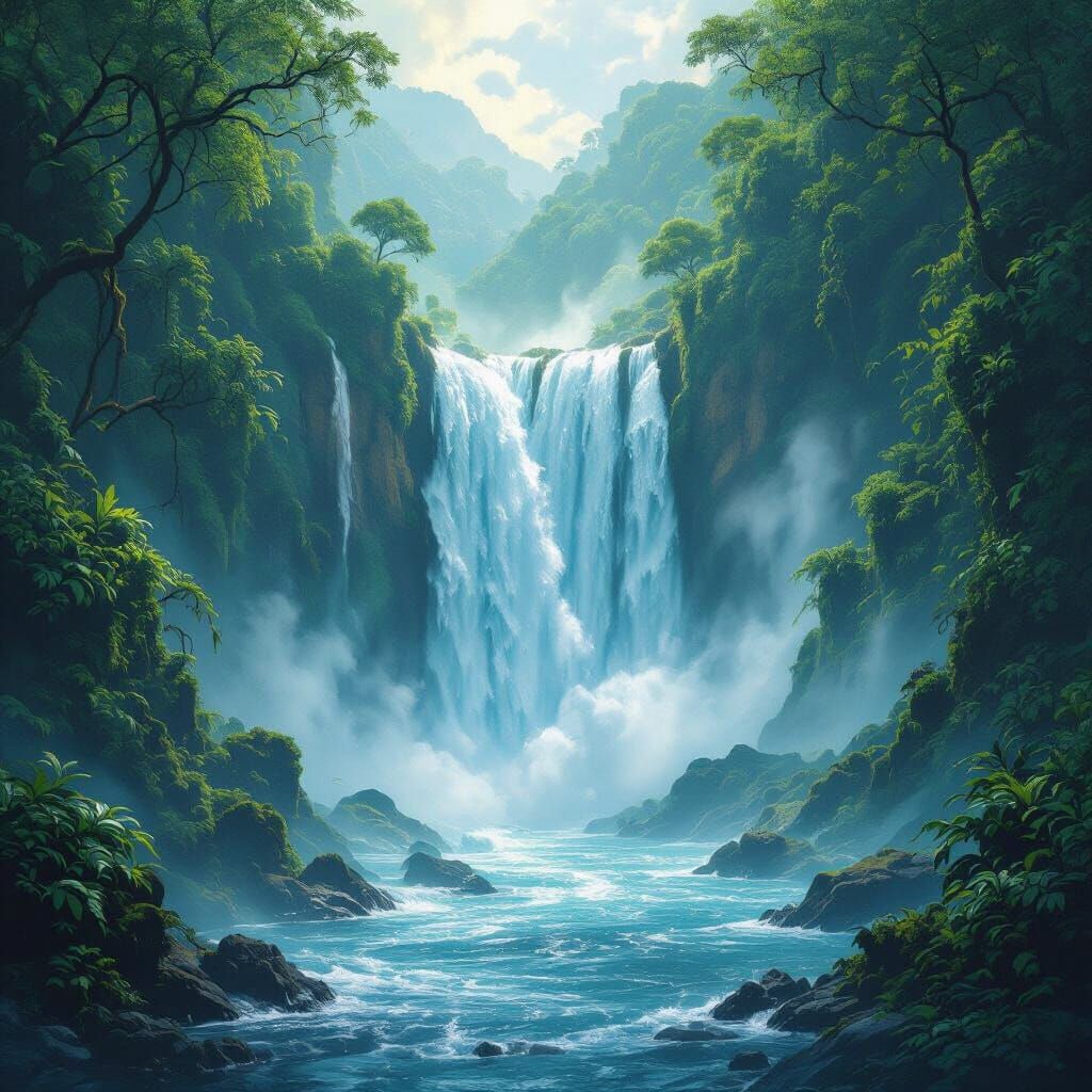 Royal Blue River Plunges into Misty Waterfall