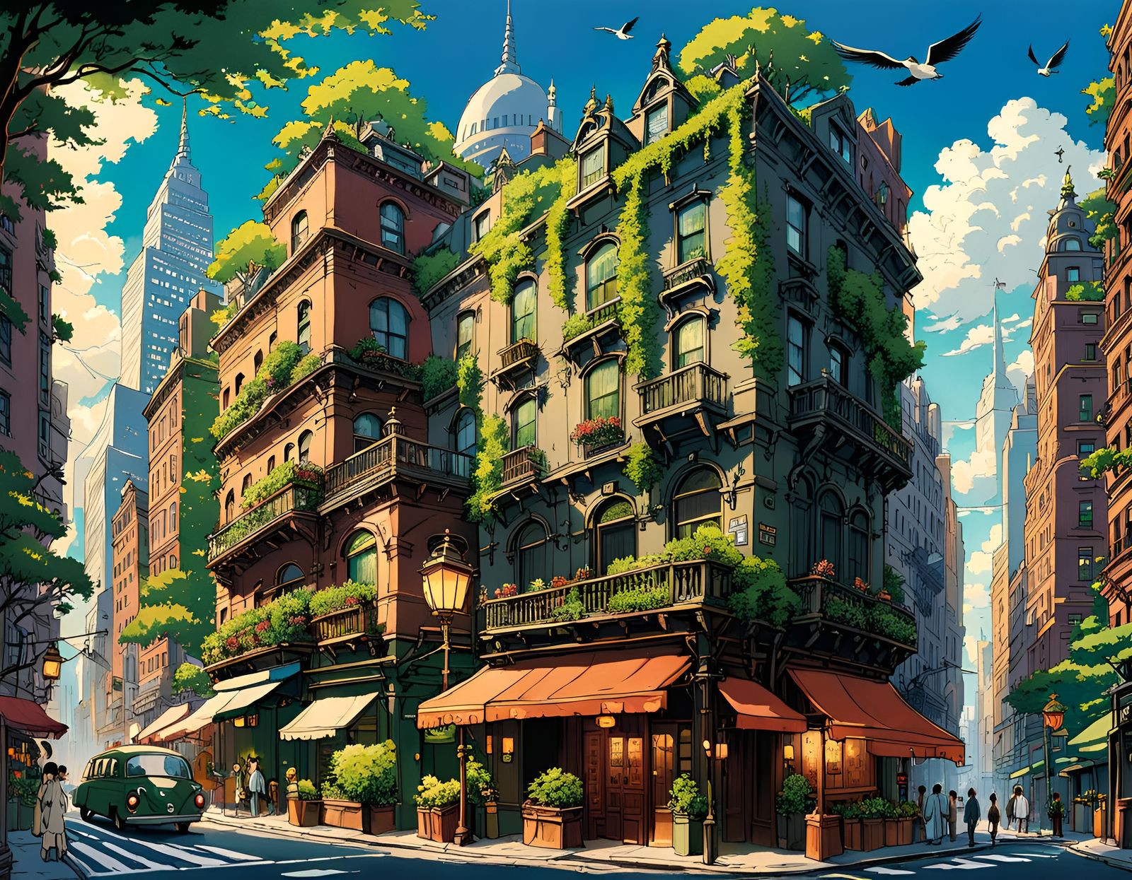Lush New York City in Studio Ghibli Style