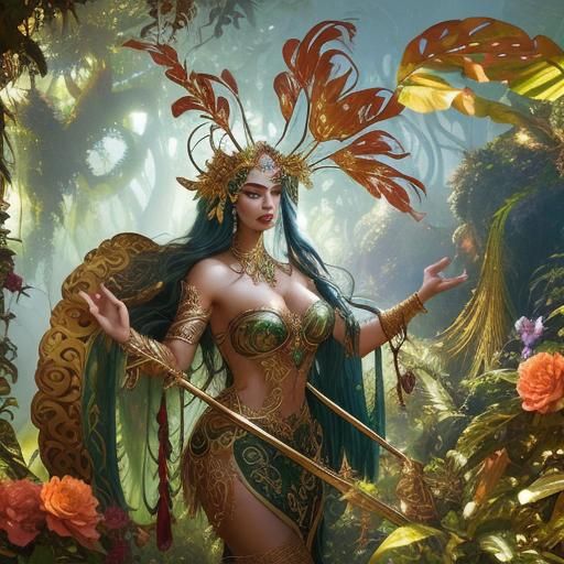 Fantasy illustration. Close-up portrait. A woman wearing a ornate headdress, surrounded by lush greenery. High contrast....