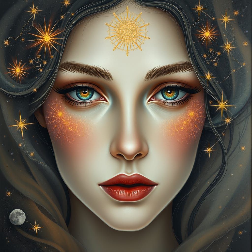 Radiant Woman's Face with Constellation Eyes in Neo-Impressi...