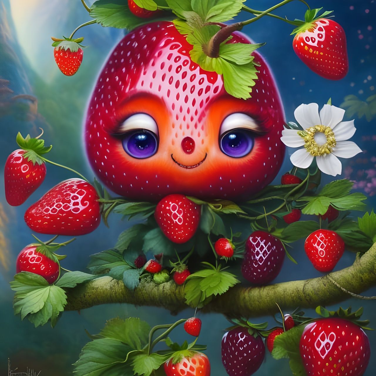Cute Strawberry Character in Rainbowcore Fantasy Style