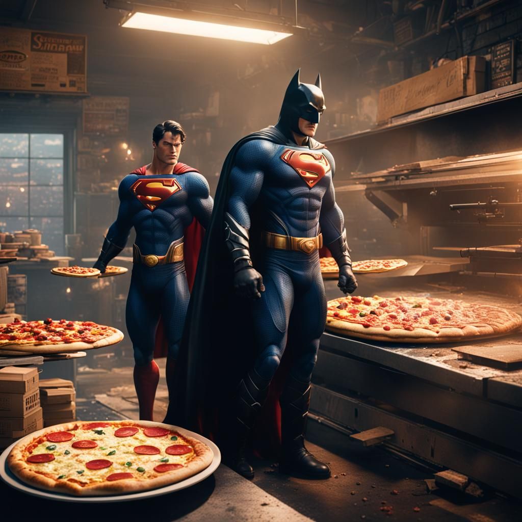 Superman and Batman Making Pizza with Lasers