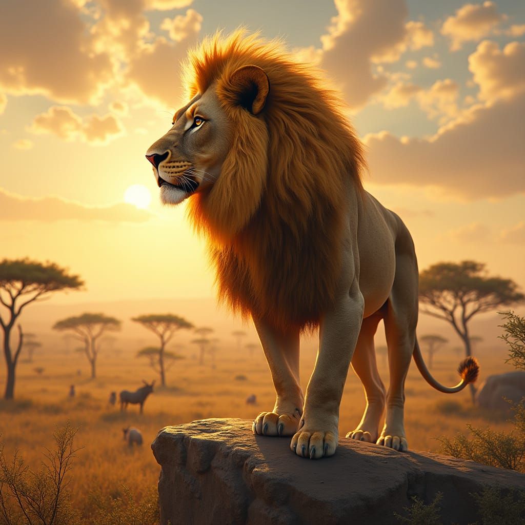 Lion Overlooking African Savanna, Hyperrealistic Digital Art