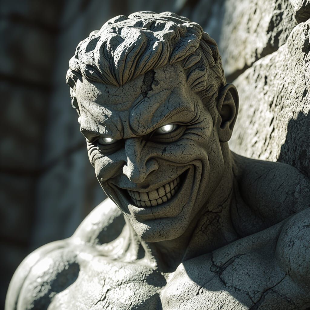 Stone Statue of Muscular Man with Evil Smile and Silver Eyes