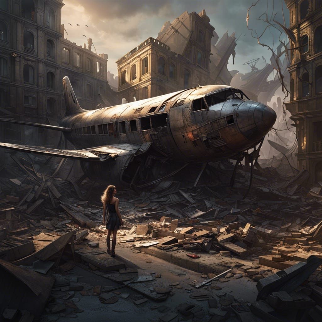 Crashed Plane in Ruined City: Dark Fantasy Art