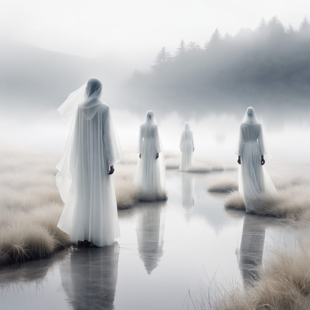 Ghostly Figures in Dreamy Minimalist Landscape