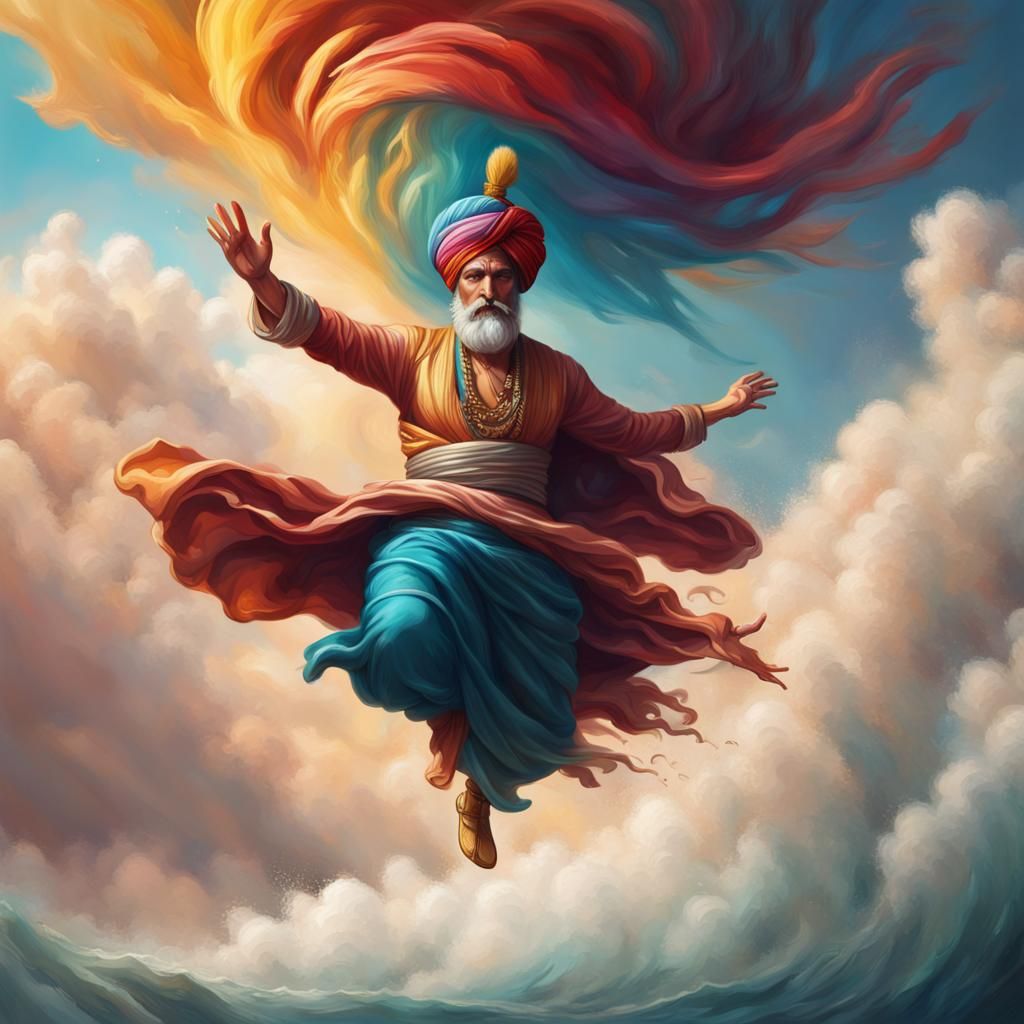 Turban Flying on Nimbus: Hyperrealistic Splash Art