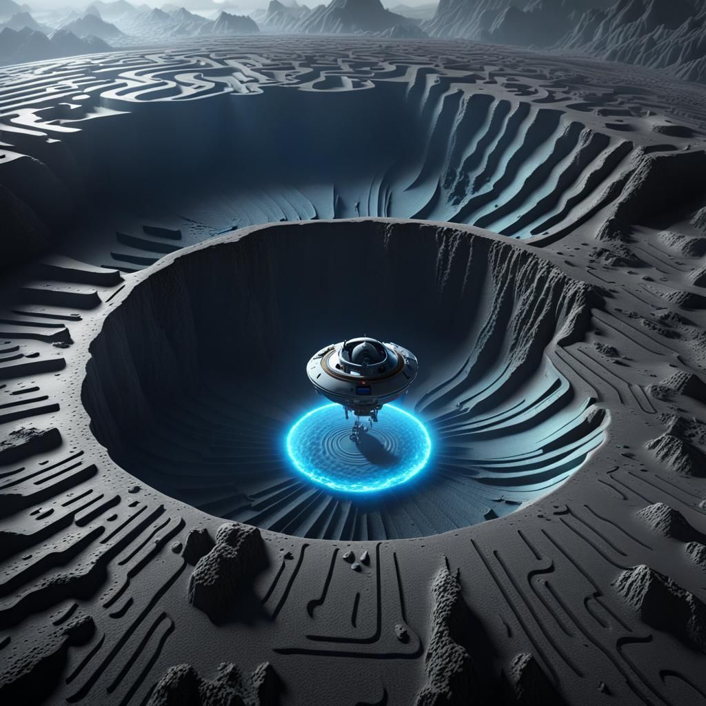 Spaceship Over Luminescent Maze Crater: Aerial View