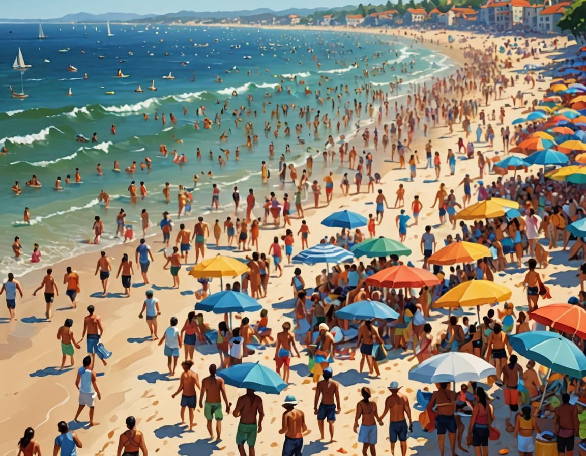 Crowded Beach Scene in Digital Painting