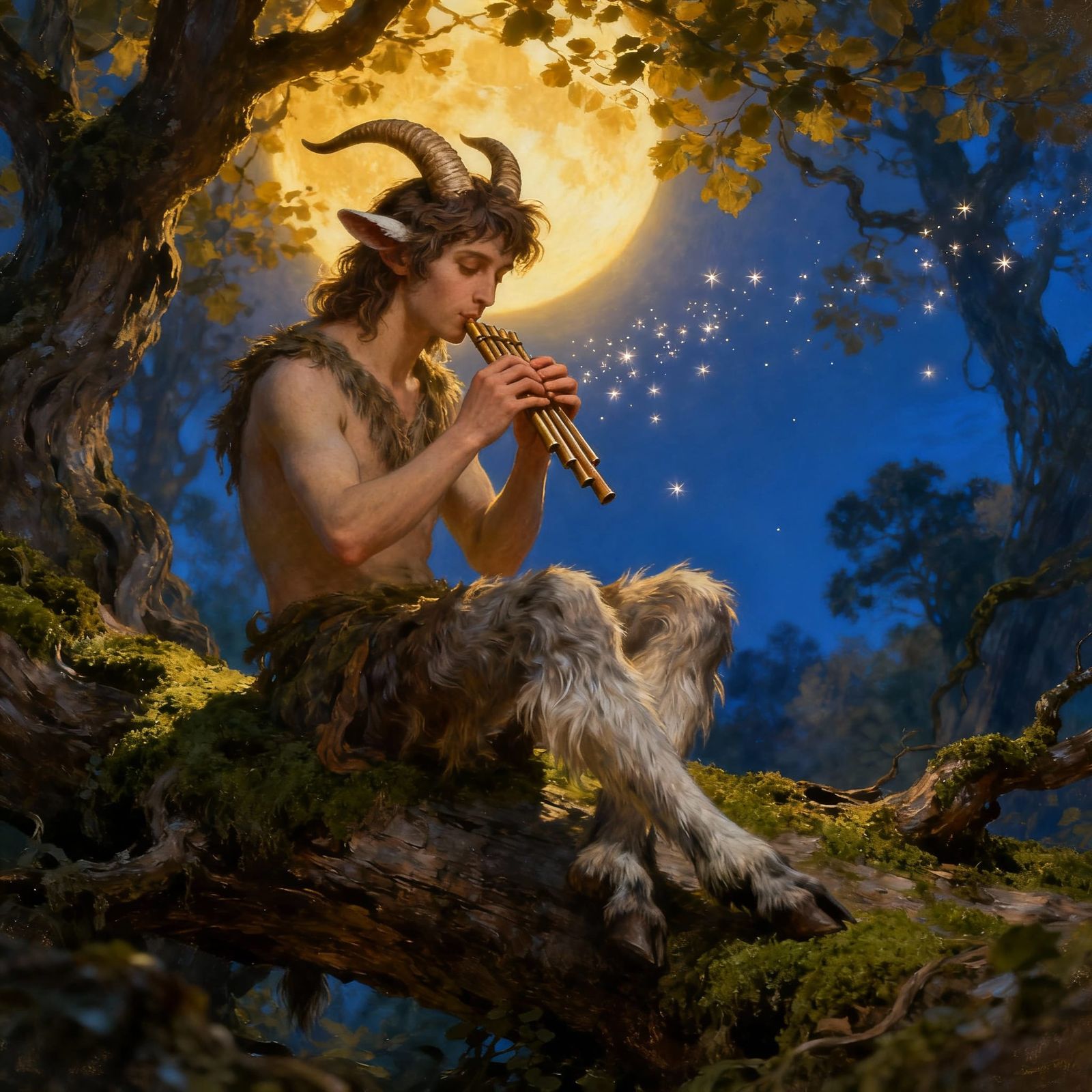 Pan Playing Pan-Pipes in Moonlit Ancient Woodland
