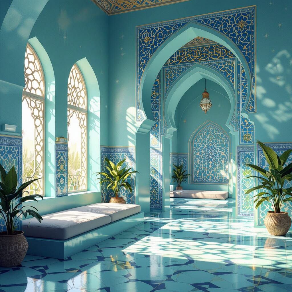 Frutiger Aero Room with Arabic Design Elements