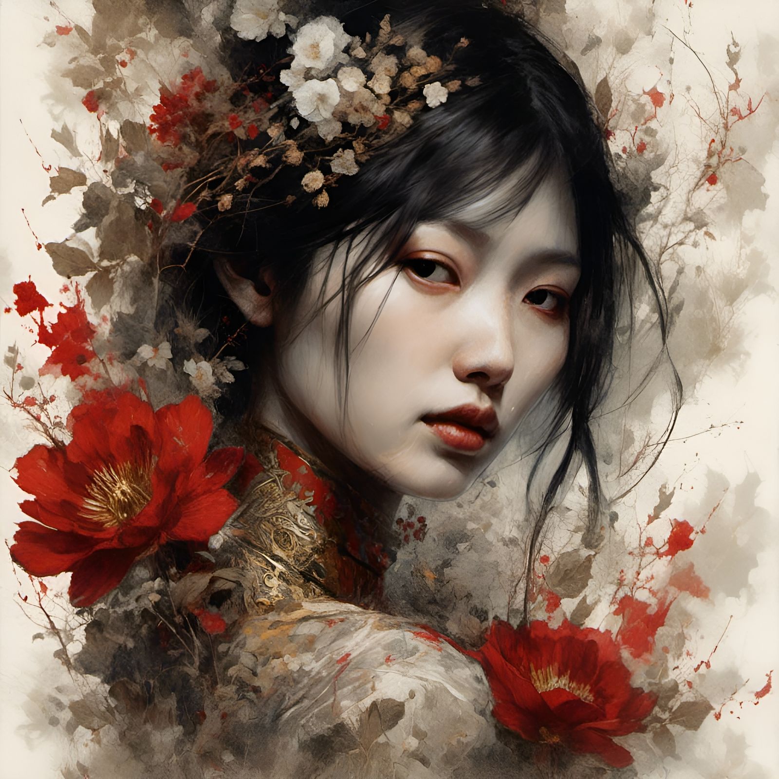 Asian Woman with Floral Transparency in Digital Art