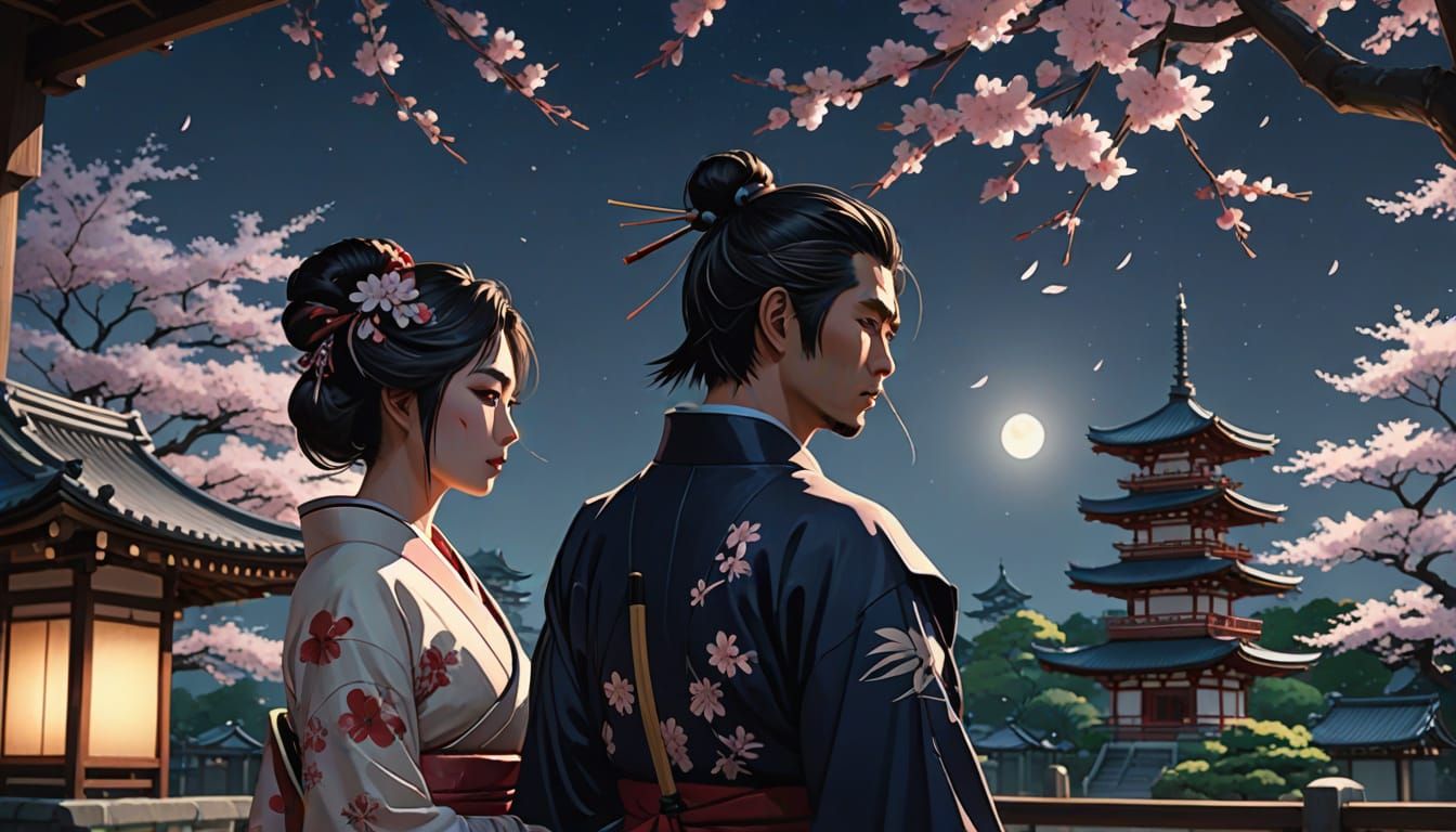 Samurai and Geisha Kiss in Moonlit Garden: Anime Style