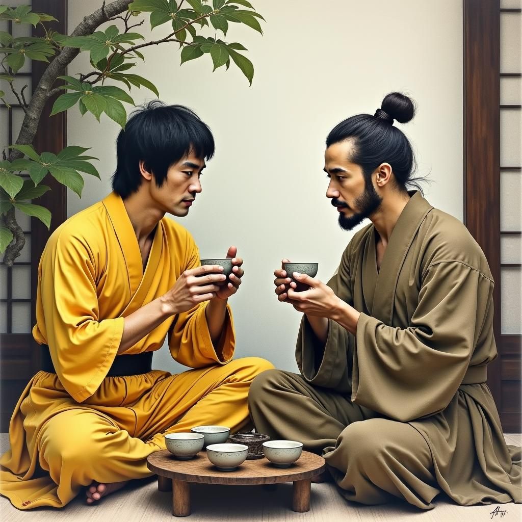 Bruce Lee and Jedi Tea Ceremony, Charcoal Drawing
