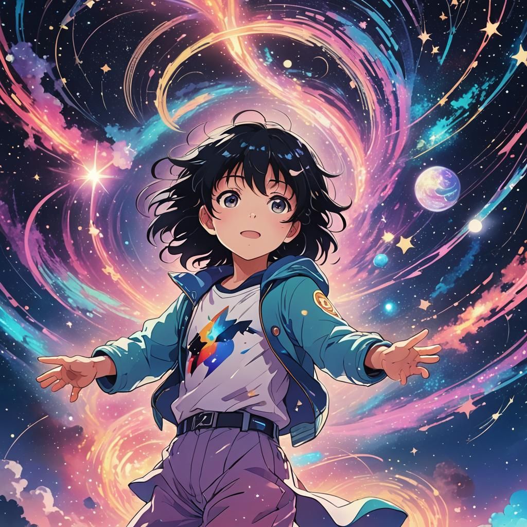 Anime Kid in Celestial Dreamscape: Vibrant Digital Art