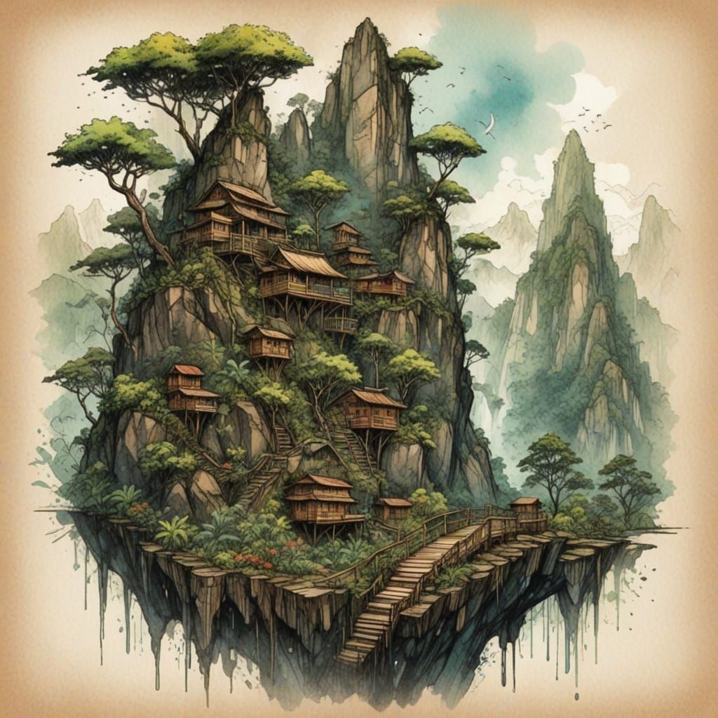 Jungle Mountain in Colored Pencil Illustration