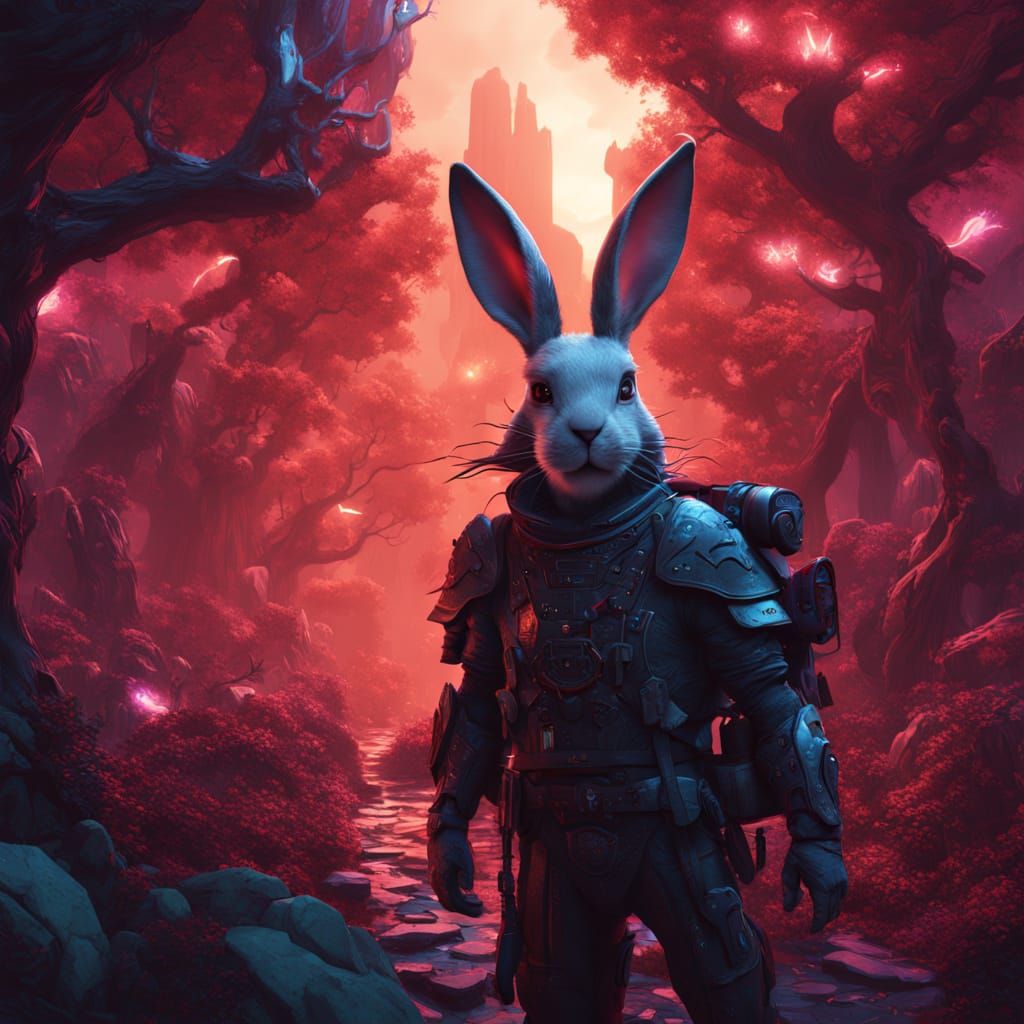 Cyberpunk Bunny Roams Futuristic Neon Forest