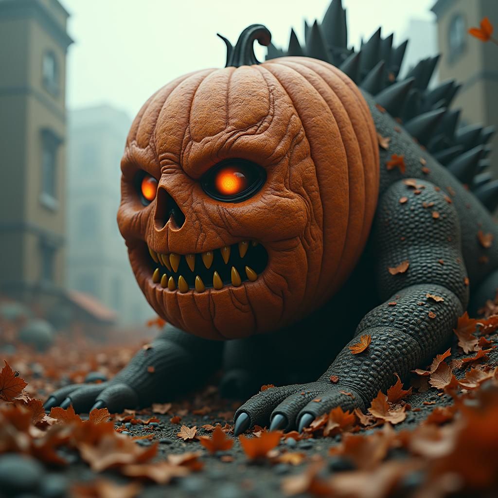 Giant Pumpkin Godzilla Concept Art in Cinematic Style