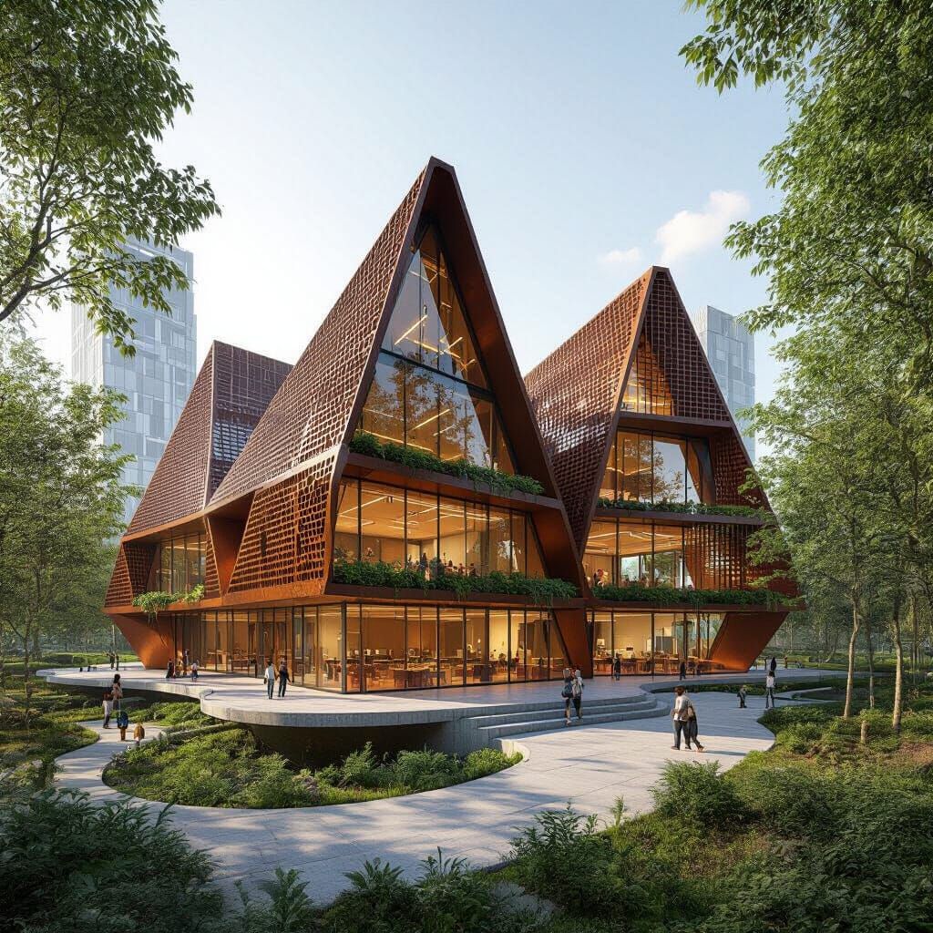 Futuristic 3D Pyramid School With Rusty Metal Facade