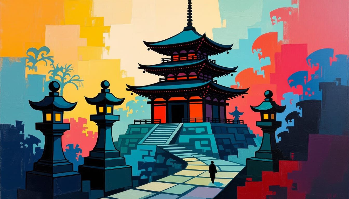 Mysterious Japanese Temple Impasto Painting