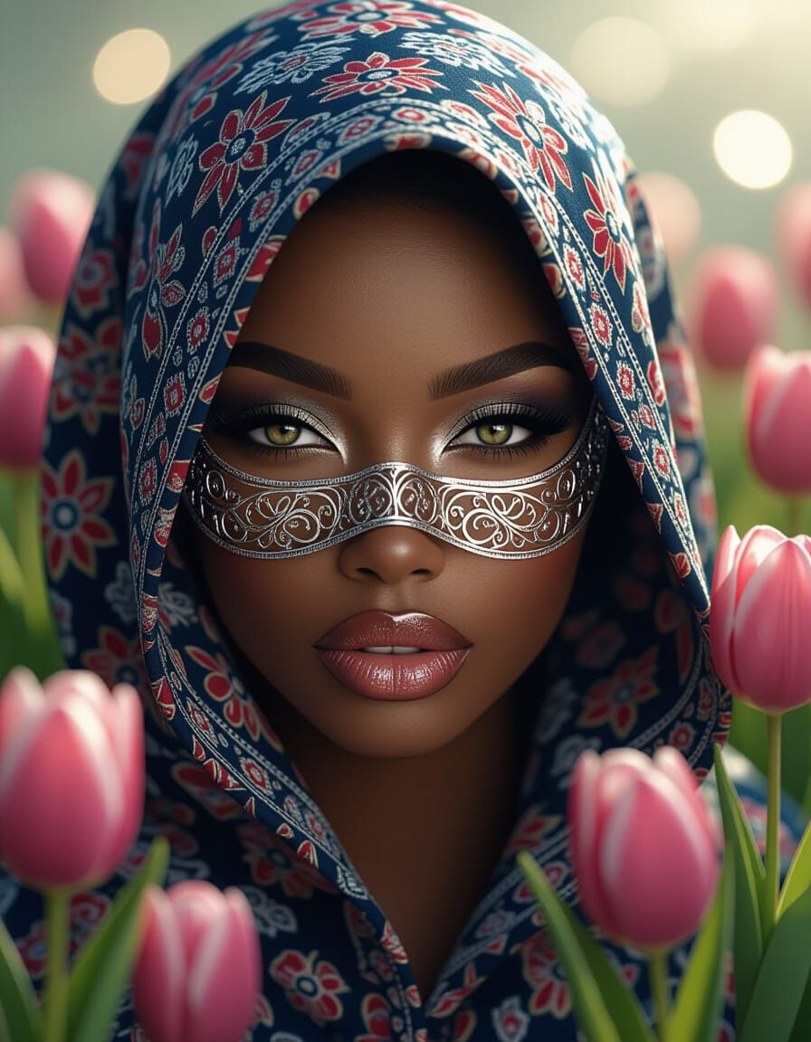 Black Woman with Silver Mask and Tulips